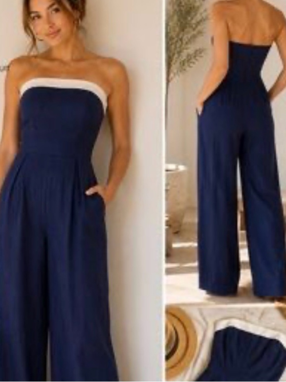 Monteau Strapless Navy Wide-Leg Jumpsuit with Contrast Trim NWT